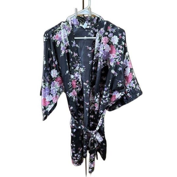 Unbranded Other - Eplaza Kimono Duster S M Black Robe Tie Belt Floral Print Pockets 3/4 Sleeve